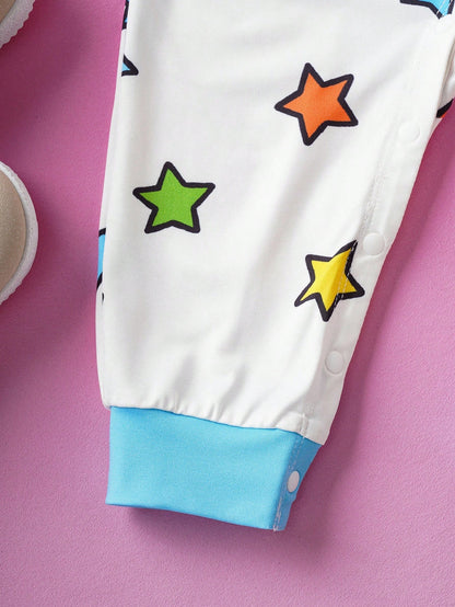 Nick 90s| Baby Boy Cartoon Cute Cartoon Figure Graphic & Colorful Star Print Blue & White Contrast Long Sleeve Jumpsuit, Suitable For Autumn/Winter Fall