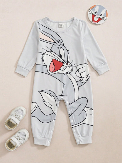 Nick 90s| Baby Boy Cartoon Cute Cartoon Figure Graphic & Colorful Star Print Blue & White Contrast Long Sleeve Jumpsuit, Suitable For Autumn/Winter Fall