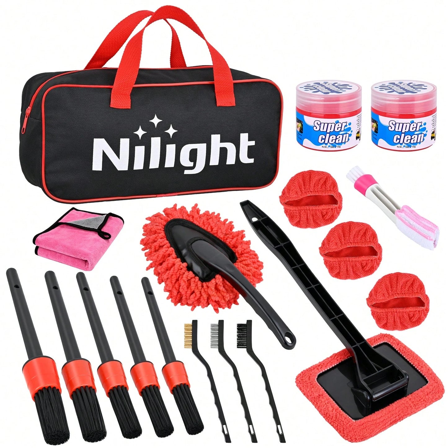 Nilight 15PCS Car Detailing Kit Auto Cleaning Tools Wash Set With Storage Carry Bag Beginners Easy To Use For Interior Exterior Car Care Clean Windshield Dashboard Seat Air Vents Wheels Tires, Red