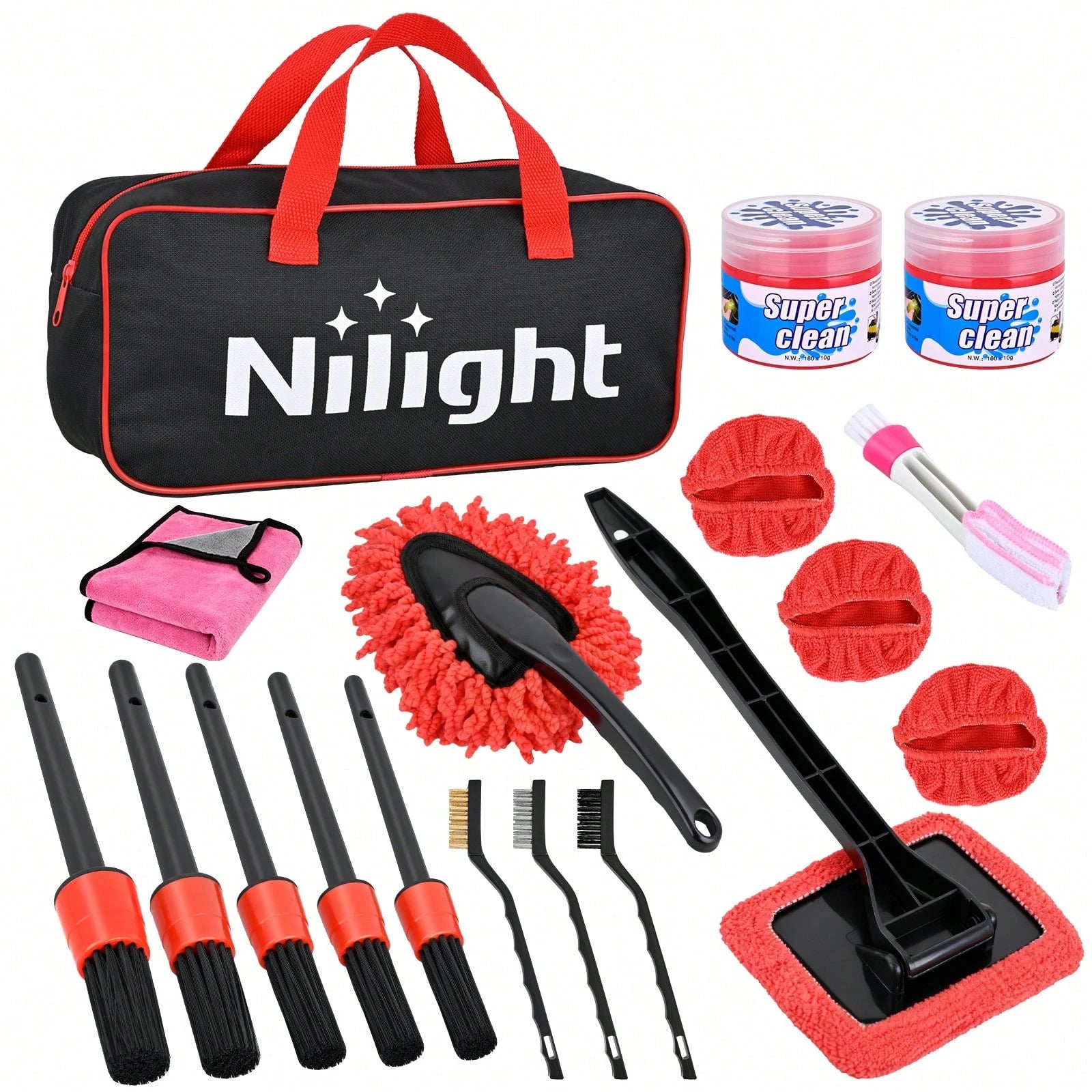 Nilight 15PCS Car Detailing Kit Auto Cleaning Tools Wash Set With Storage Carry Bag Beginners Easy To Use For Interior Exterior Car Care Clean Windshield Dashboard Seat Air Vents Wheels Tires, Red
