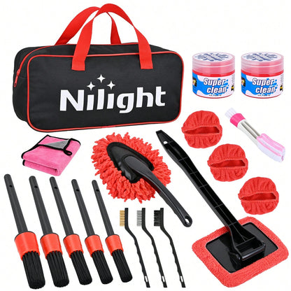 Nilight 15PCS Car Detailing Kit Auto Cleaning Tools Wash Set With Storage Carry Bag Beginners Easy To Use For Interior Exterior Car Care Clean Windshield Dashboard Seat Air Vents Wheels Tires, Red