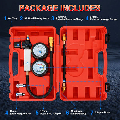 Nilight Cylinder Leak Down Tester Kit- Dual Gauge Engine Diagnostics Tool For Gasoline Cars & Motorcycles- Detects Blown Head Gaskets & Valve Leaks With 10mm 12mm 14mm 18mm Adapters