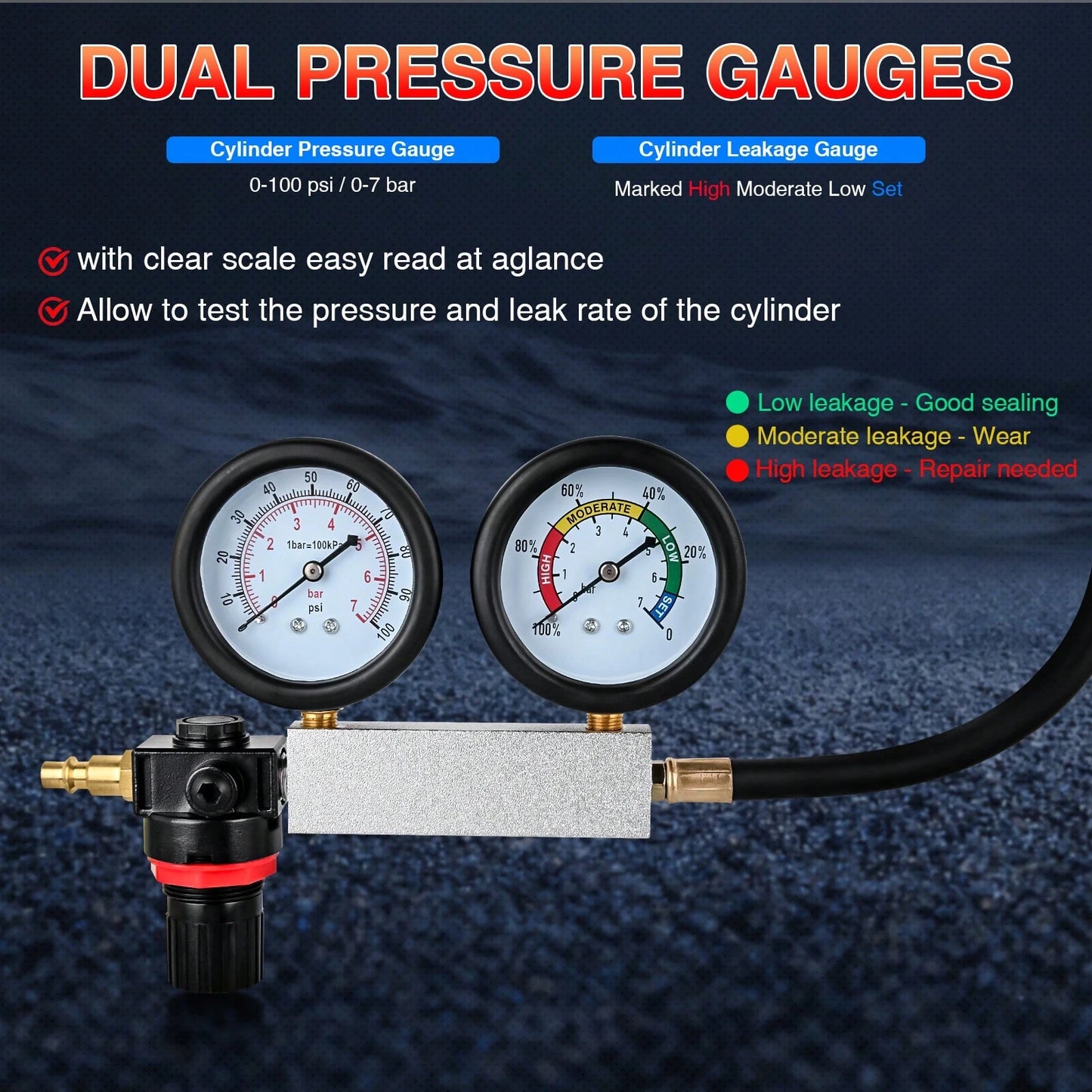 Nilight Cylinder Leak Down Tester Kit- Dual Gauge Engine Diagnostics Tool For Gasoline Cars & Motorcycles- Detects Blown Head Gaskets & Valve Leaks With 10mm 12mm 14mm 18mm Adapters
