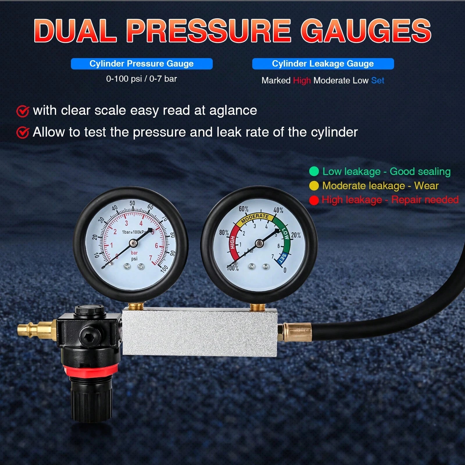 Nilight Cylinder Leak Down Tester Kit- Dual Gauge Engine Diagnostics Tool For Gasoline Cars & Motorcycles- Detects Blown Head Gaskets & Valve Leaks With 10mm 12mm 14mm 18mm Adapters