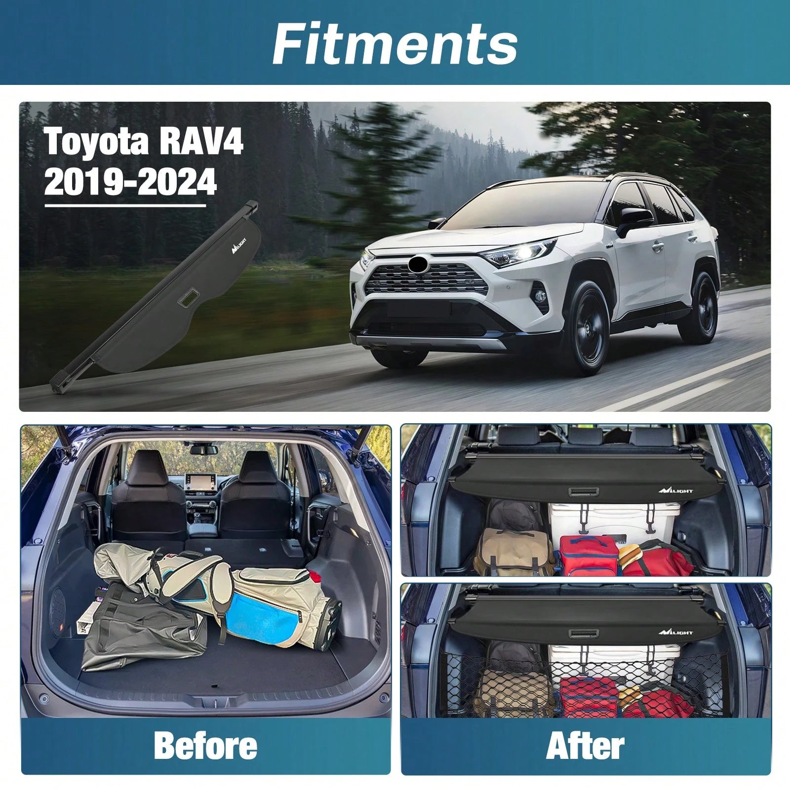 Nilight Trunk Cargo Cover Compatible With Toyota RAV4 Accessories 2019 2020 2021 2022 2023 2024 2025, Retractable Security Shade Rear Cargo Cover, With Trunk Storage Net, 1-Pack