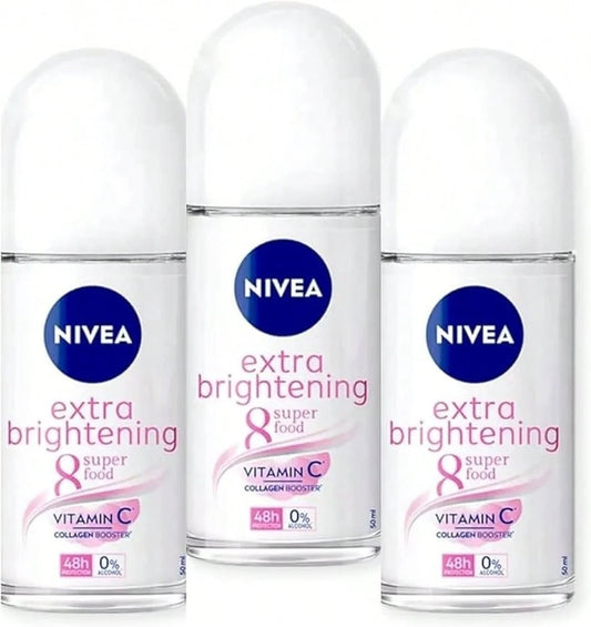 Nivea Extra Brightening 8 Super Food, Vitamin C Collagen Booster Underarm Roll On Deodorant, Size 50 Ml, 1.69 Oz (Pack Of 3)