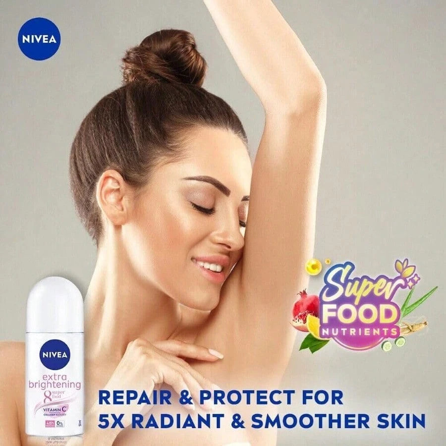 Nivea Extra Brightening 8 Super Food, Vitamin C Collagen Booster Underarm Roll On Deodorant, Size 50 Ml, 1.69 Oz (Pack Of 3)