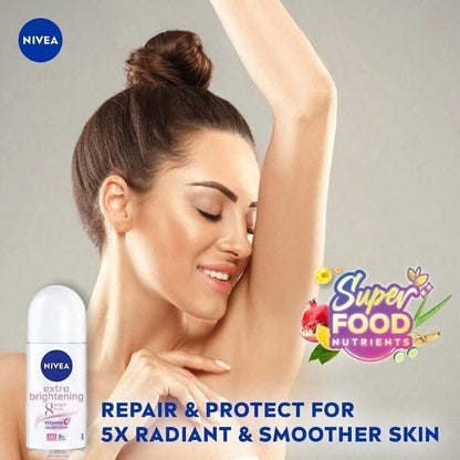 Nivea Extra Brightening 8 Super Food, Vitamin C Collagen Booster Underarm Roll On Deodorant, Size 50 Ml, 1.69 Oz (Pack Of 3)