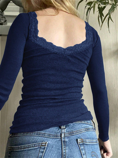 NOIRLYN Women's Autumn/Winter Y2K Sweet Style Lace Trim Square Neck Long Sleeve T-Shirt, Sexy Slim Fit Solid Color Casual Layering Base Top