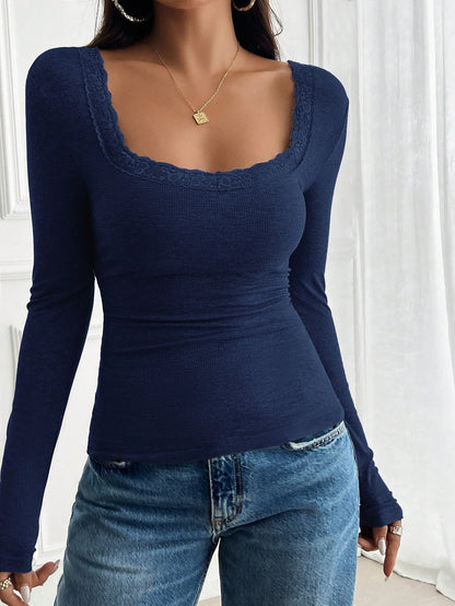 NOIRLYN Women's Autumn/Winter Y2K Sweet Style Lace Trim Square Neck Long Sleeve T-Shirt, Sexy Slim Fit Solid Color Casual Layering Base Top