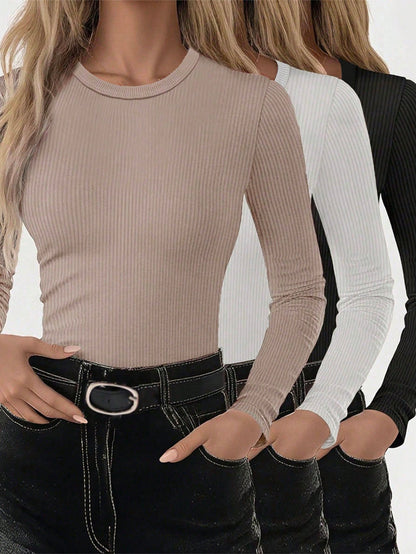 NostaNoir 3pcs Women All-Match Solid Color Slim Fit Long Sleeve T-Shirts, Versatile Fall Cloth For Women