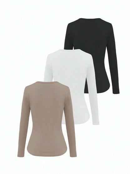 NostaNoir 3pcs Women All-Match Solid Color Slim Fit Long Sleeve T-Shirts, Versatile Fall Cloth For Women