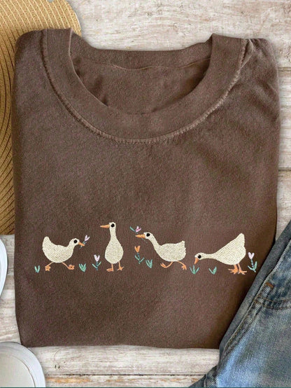 NostaNoir Casual Goose & Tulip Embroidery Short Sleeve T-Shirt, Spring/Summer