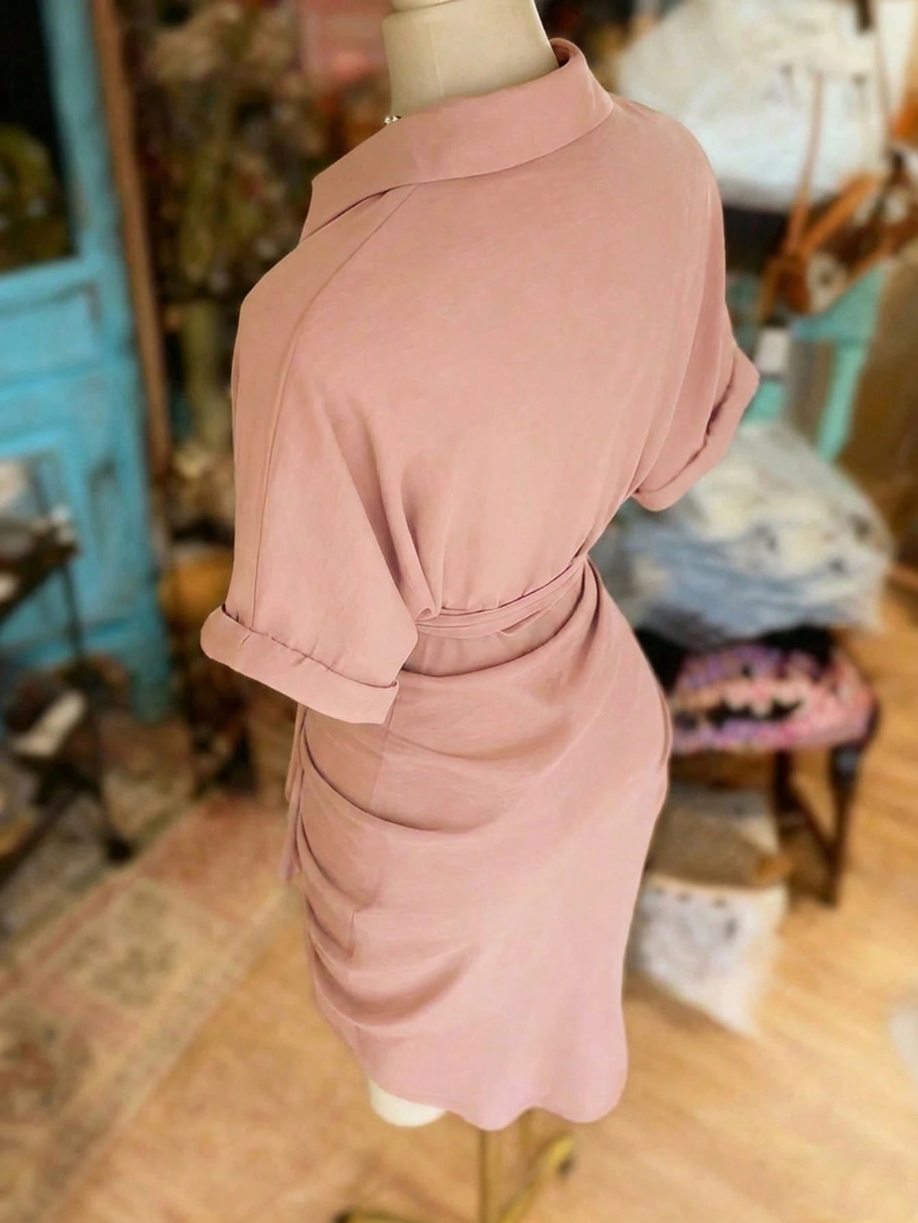 NostaNoir Collared Single-Breasted Tie-Waist Short Sleeve Shirt Dress