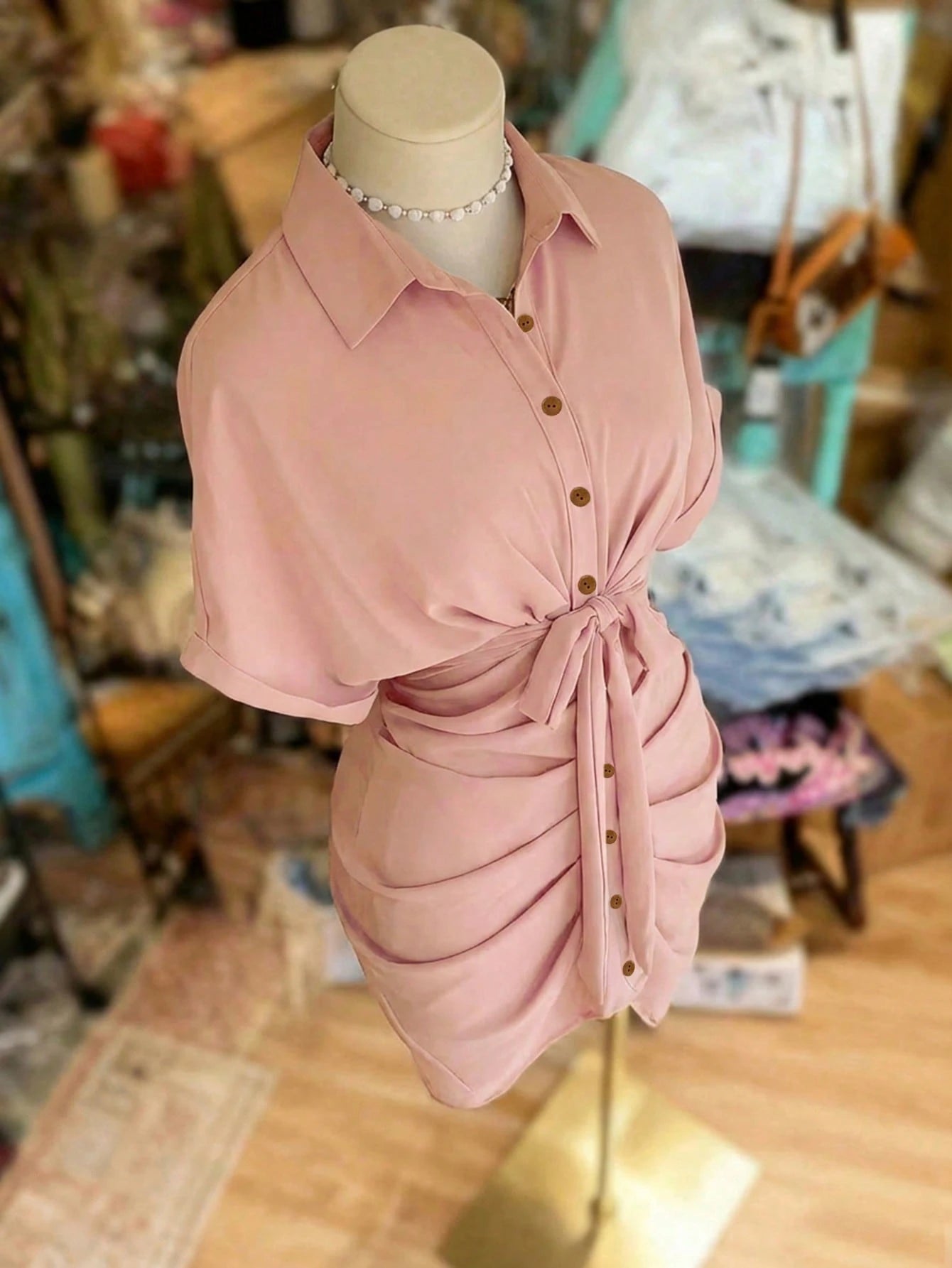 NostaNoir Collared Single-Breasted Tie-Waist Short Sleeve Shirt Dress