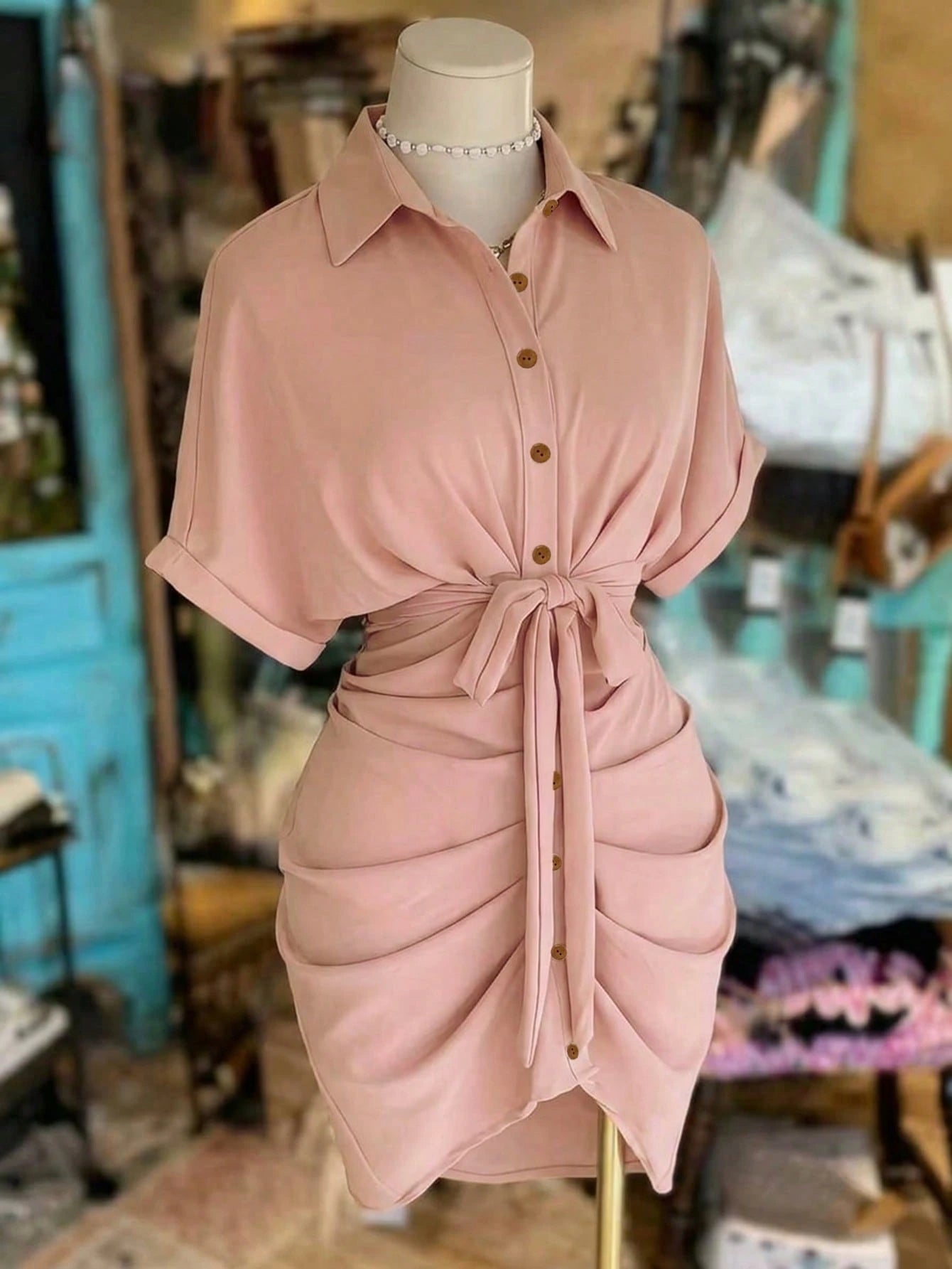 NostaNoir Collared Single-Breasted Tie-Waist Short Sleeve Shirt Dress