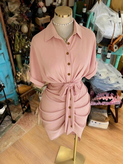 NostaNoir Collared Single-Breasted Tie-Waist Short Sleeve Shirt Dress