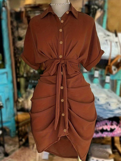 NostaNoir Collared Single-Breasted Tie-Waist Short Sleeve Shirt Dress