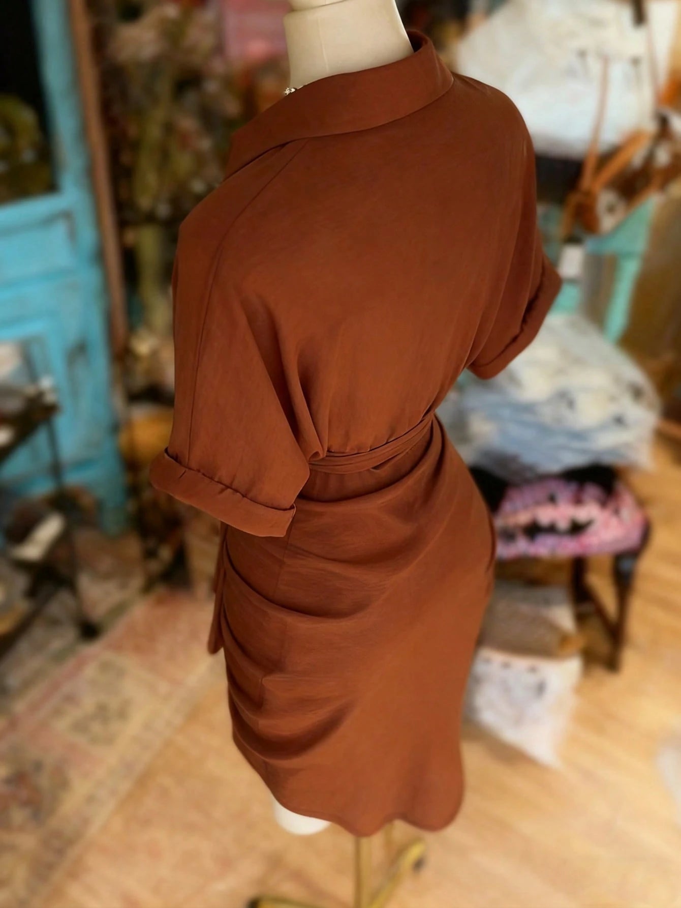NostaNoir Collared Single-Breasted Tie-Waist Short Sleeve Shirt Dress