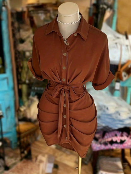 NostaNoir Collared Single-Breasted Tie-Waist Short Sleeve Shirt Dress