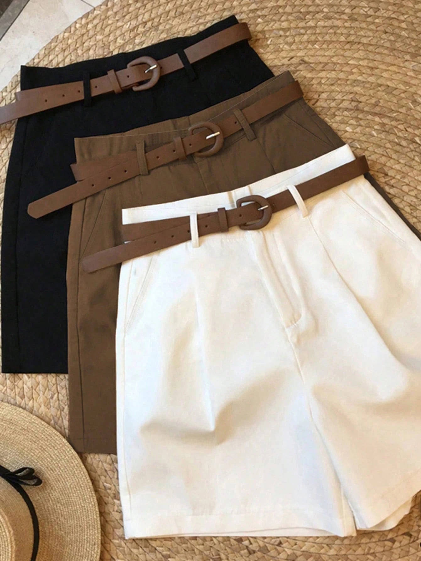 NostaNoir Women's Black White Coffee Shorts Casual Commute Business 3 Pieces Set (Belt Not Included)
