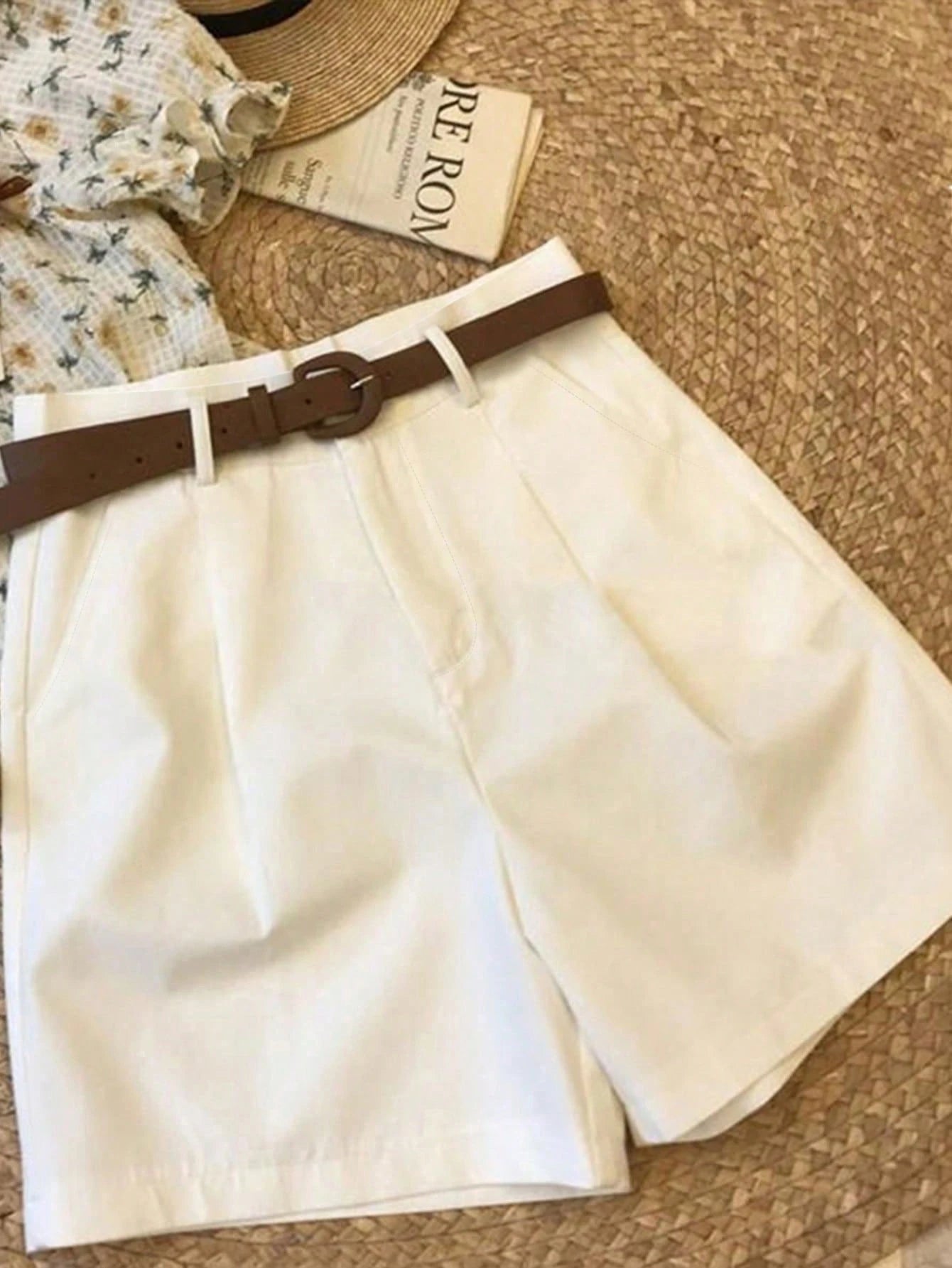 NostaNoir Women's Black White Coffee Shorts Casual Commute Business 3 Pieces Set (Belt Not Included)