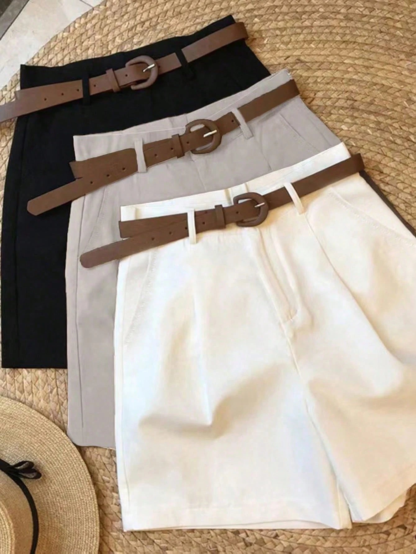 NostaNoir Women's Black White Coffee Shorts Casual Commute Business 3 Pieces Set (Belt Not Included)