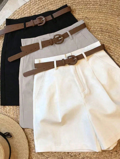 NostaNoir Women's Black White Coffee Shorts Casual Commute Business 3 Pieces Set (Belt Not Included)