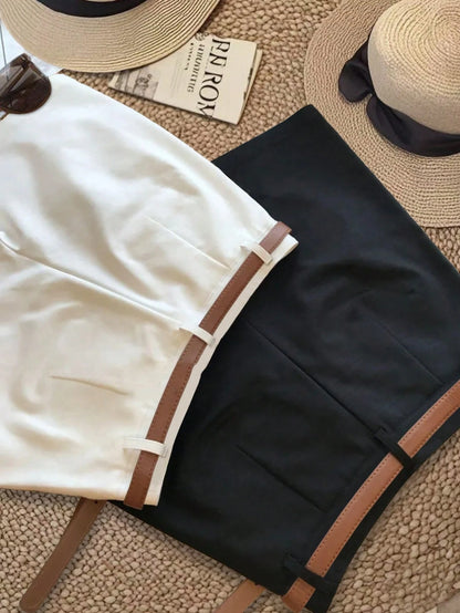 NostaNoir Women's Black White Coffee Shorts Casual Commute Business 3 Pieces Set (Belt Not Included)