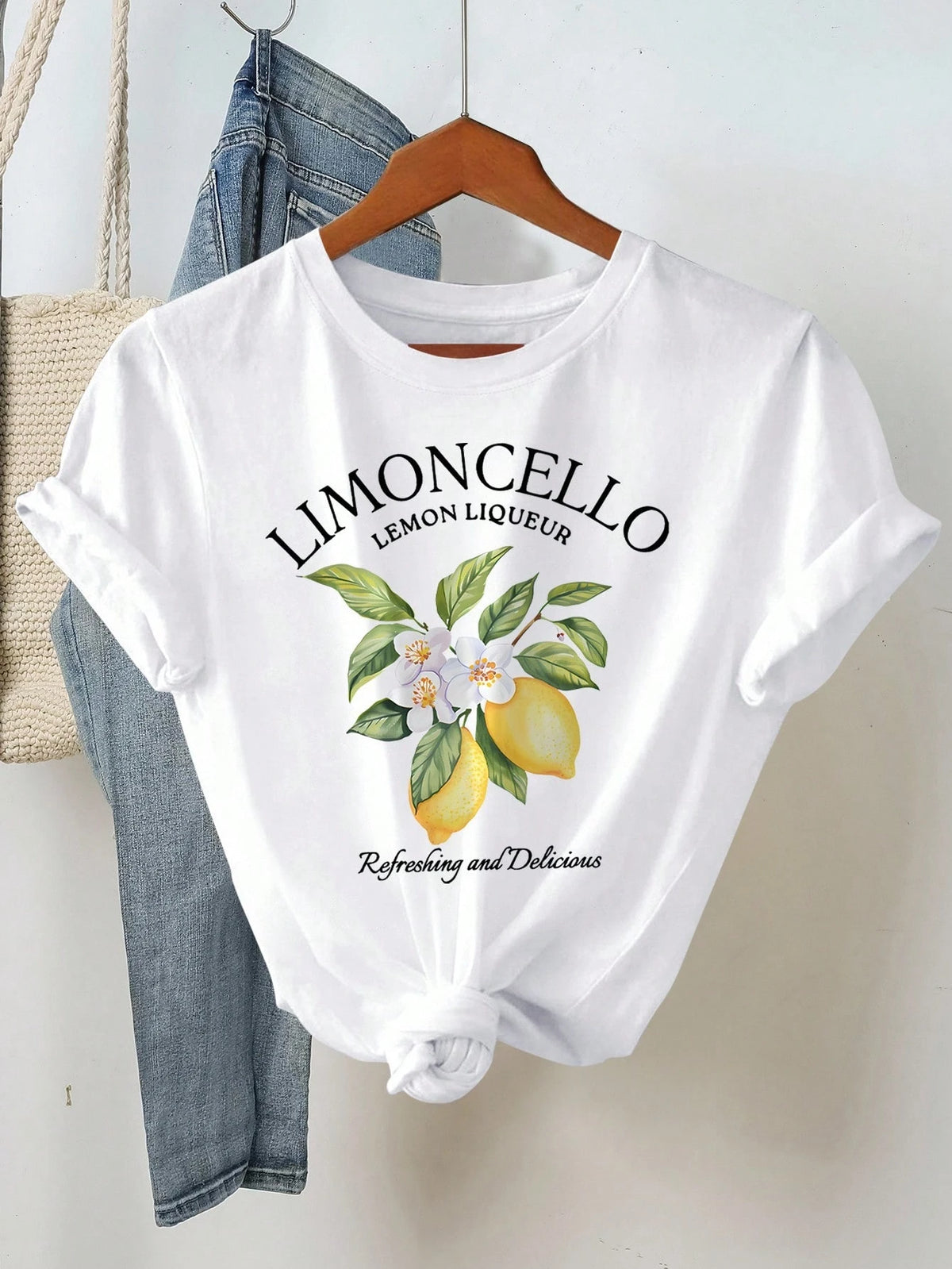 NostaNoir Women's Summer Letter Fruit Printed Round Neck Short Sleeve Casual T-Shirt LIMONCELLO LEMON LIQUEUR Refreshing And Delicious Graphic Tees Women Tops