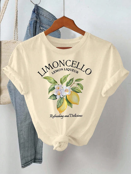 NostaNoir Women's Summer Letter Fruit Printed Round Neck Short Sleeve Casual T-Shirt LIMONCELLO LEMON LIQUEUR Refreshing And Delicious Graphic Tees Women Tops