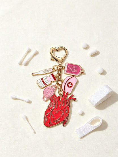 Nurse Doctor Theme Pendant, Acrylic Double-Sided Heart Pattern, Nurse Theme Pink Heart-Shaped Keychain, Women's Decorative Pendant With Clasp, Perfect Gift For International Nurses Day, Classic Style