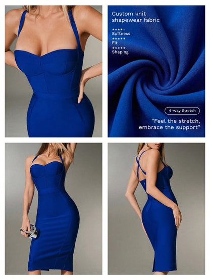 Nuvra Royal Blue Summer Bandage Bodycon Knit Dress For Women,Night Out Spaghetti Strap Tummy Control Midi Pencil Dress,Elegant Party & Banquet Gown