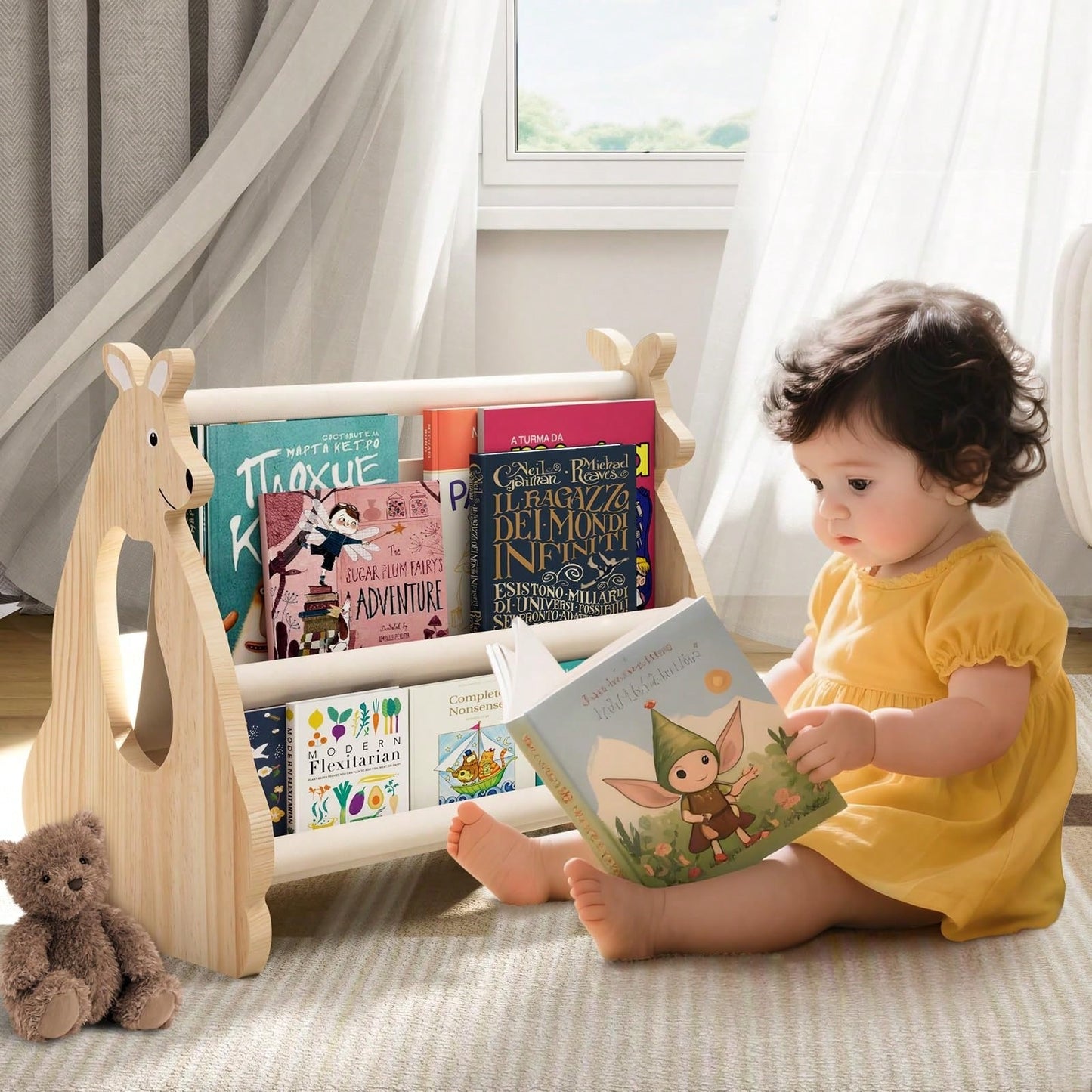 Oaoleer 1pc Double-Sided Bookshelf- Two-Layer Portable Bookshelf, Wooden Storage Baskets, Cute Kangaroo Design Wooden Bookshelf, Suitable For Baby Room
