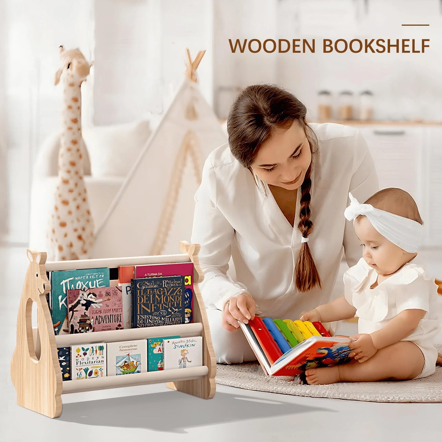 Oaoleer 1pc Double-Sided Bookshelf- Two-Layer Portable Bookshelf, Wooden Storage Baskets, Cute Kangaroo Design Wooden Bookshelf, Suitable For Baby Room