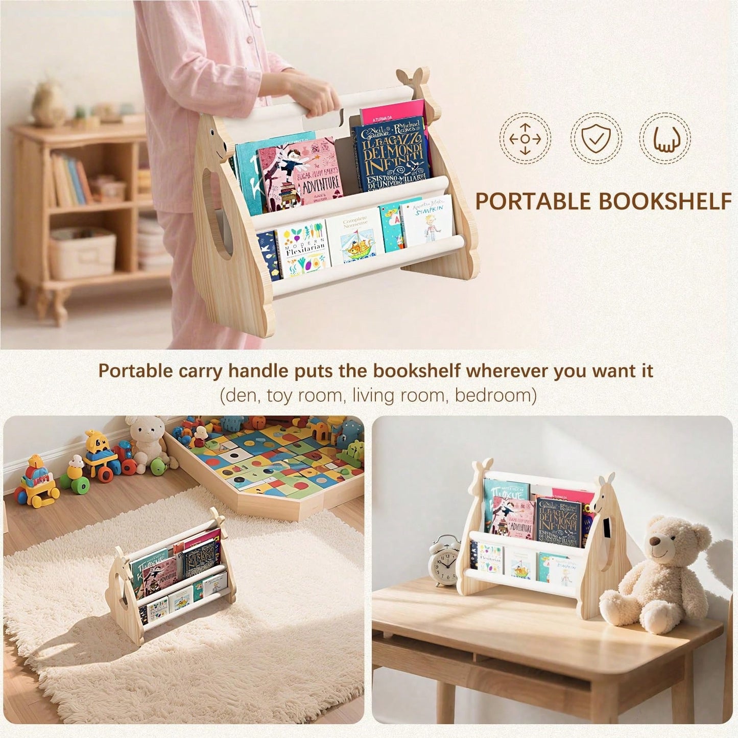 Oaoleer 1pc Double-Sided Bookshelf- Two-Layer Portable Bookshelf, Wooden Storage Baskets, Cute Kangaroo Design Wooden Bookshelf, Suitable For Baby Room