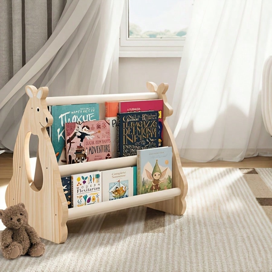 Oaoleer 1pc Double-Sided Bookshelf- Two-Layer Portable Bookshelf, Wooden Storage Baskets, Cute Kangaroo Design Wooden Bookshelf, Suitable For Baby Room