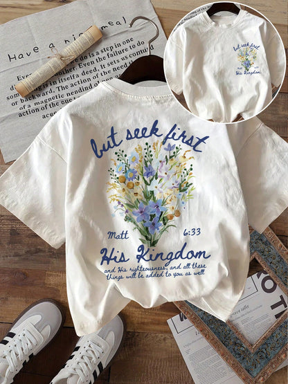 Off White Oversized Crew Neck Tee, Double-Sided Watercolor Wildflower Bible Verse Print Soft Cotton Vintage Casual Summer T-Shirt