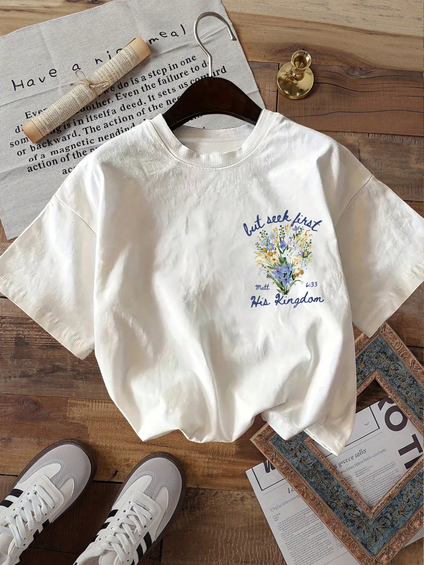 Off White Oversized Crew Neck Tee, Double-Sided Watercolor Wildflower Bible Verse Print Soft Cotton Vintage Casual Summer T-Shirt