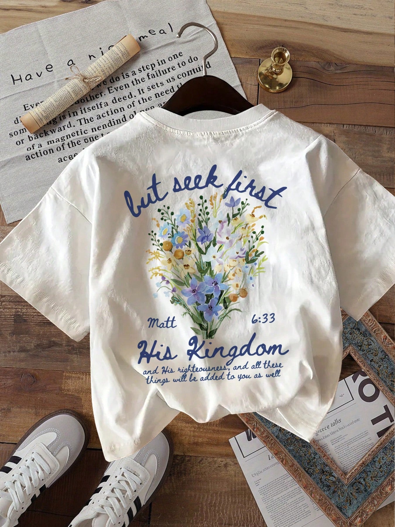 Off White Oversized Crew Neck Tee, Double-Sided Watercolor Wildflower Bible Verse Print Soft Cotton Vintage Casual Summer T-Shirt