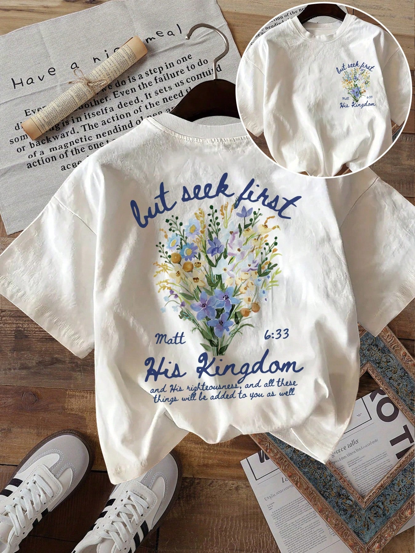 Off White Oversized Crew Neck Tee, Double-Sided Watercolor Wildflower Bible Verse Print Soft Cotton Vintage Casual Summer T-Shirt
