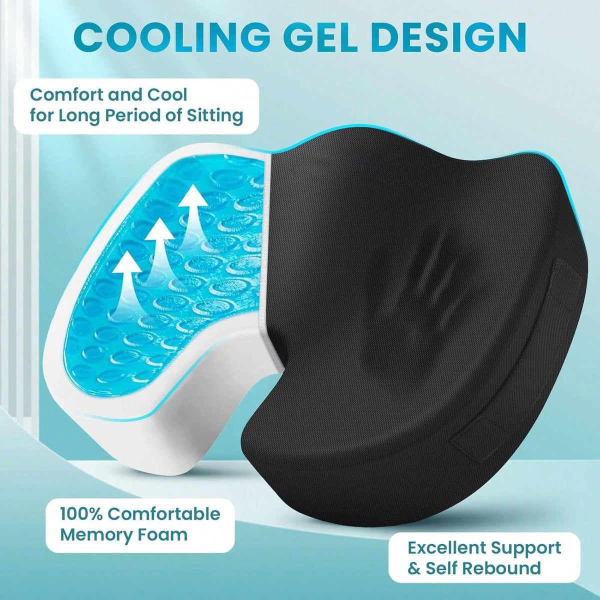 Office Chair Seat Cushion, Cooling Gel Enhanced Memory Foam Cushion For Long Sitting- Back, Sciatica, Coccyx, Tailbone Pain Relief Pillow- For Office, Gaming, Car, Wheelchair- Black, Large