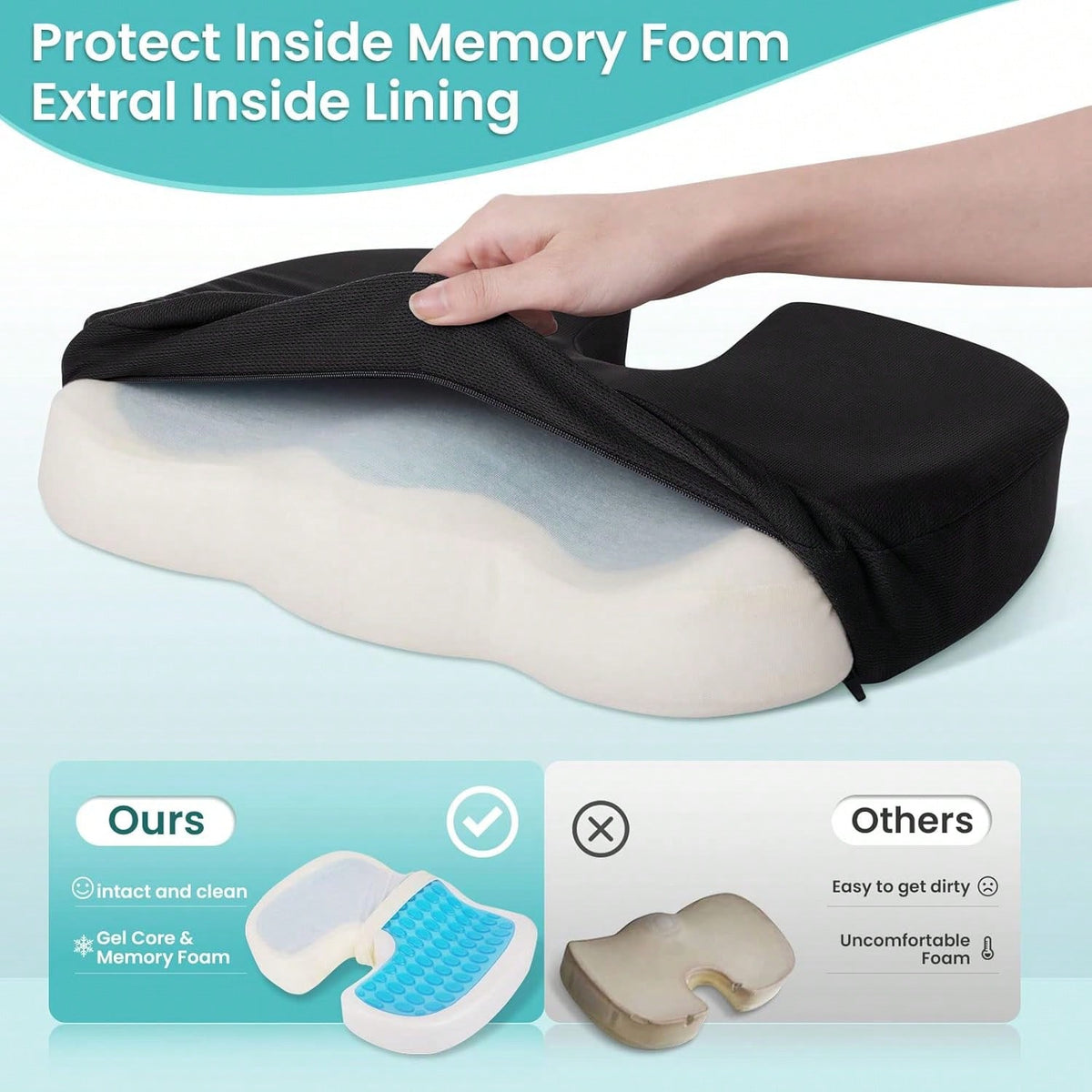 Office Chair Seat Cushion, Cooling Gel Enhanced Memory Foam Cushion For Long Sitting- Back, Sciatica, Coccyx, Tailbone Pain Relief Pillow- For Office, Gaming, Car, Wheelchair- Black, Large
