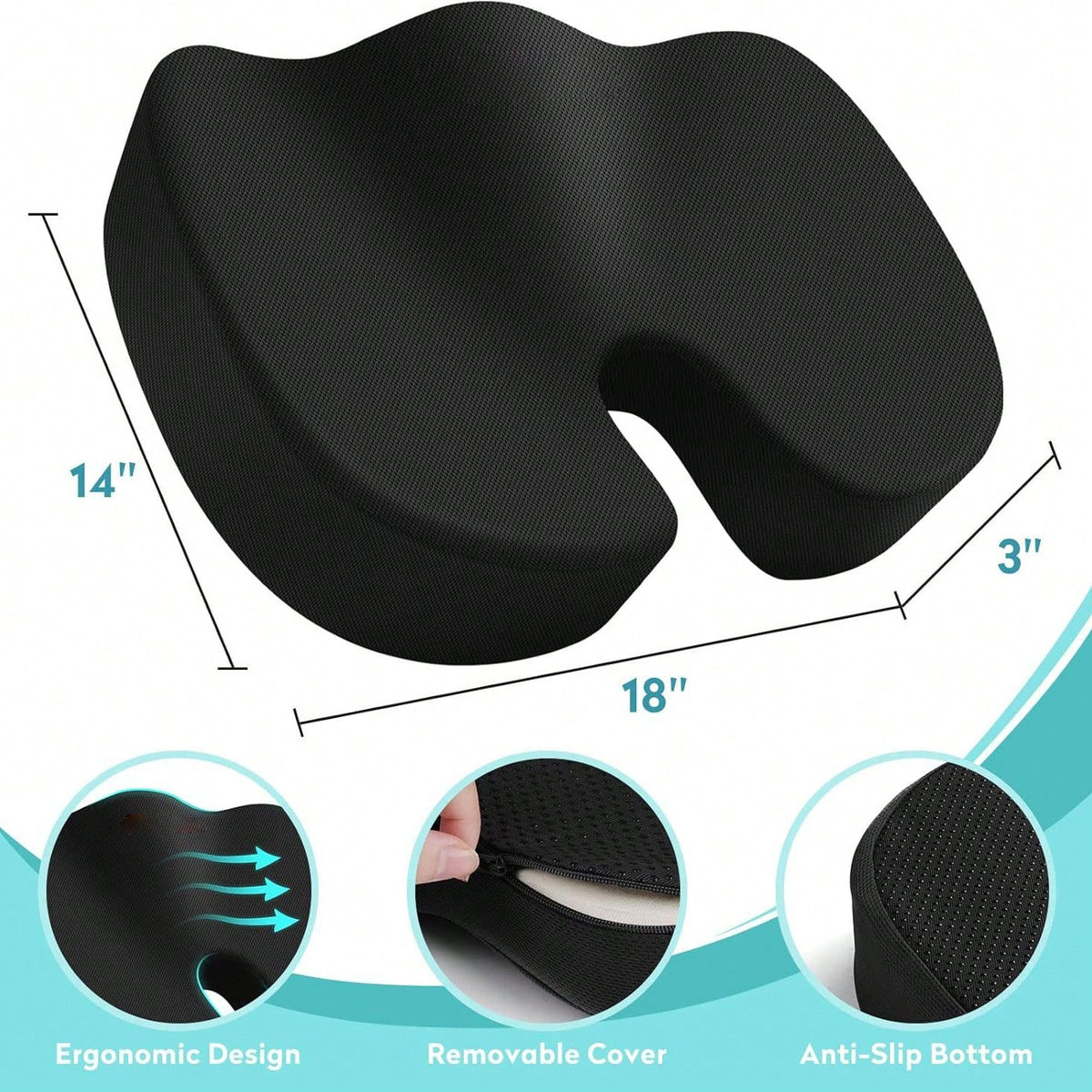 Office Chair Seat Cushion, Cooling Gel Enhanced Memory Foam Cushion For Long Sitting- Back, Sciatica, Coccyx, Tailbone Pain Relief Pillow- For Office, Gaming, Car, Wheelchair- Black, Large