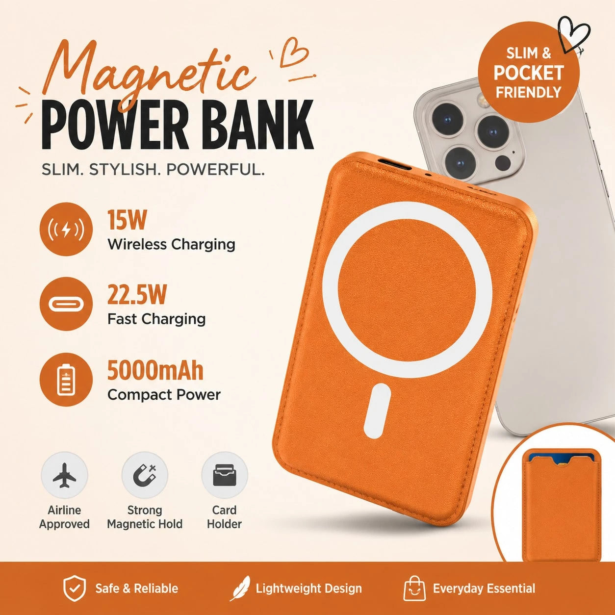 Office Essential 5000mAh Magnetic Wireless Power Bank 15W Wireless Charging 20W PD Fast Charging Card Holder Compact Portable Phone Charger Battery Protection Compatible With IPhone 15 Pro 14 Plus 13