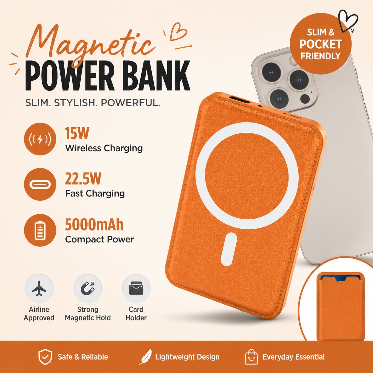 Office Essential 5000mAh Magnetic Wireless Power Bank 15W Wireless Charging 20W PD Fast Charging Card Holder Compact Portable Phone Charger Battery Protection Compatible With IPhone 15 Pro 14 Plus 13