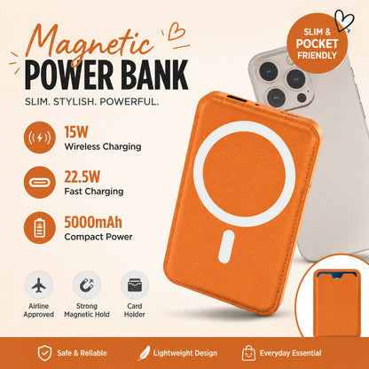 Office Essential 5000mAh Magnetic Wireless Power Bank 15W Wireless Charging 20W PD Fast Charging Card Holder Compact Portable Phone Charger Battery Protection Compatible With IPhone 15 Pro 14 Plus 13