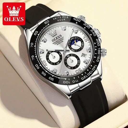 OLEVS. OLEVS 2875 Original Luxury Brand Quartz Watch For Men Silicone Strap Chronograph Auto Date Waterproof Moon Phase Man Sport Watch