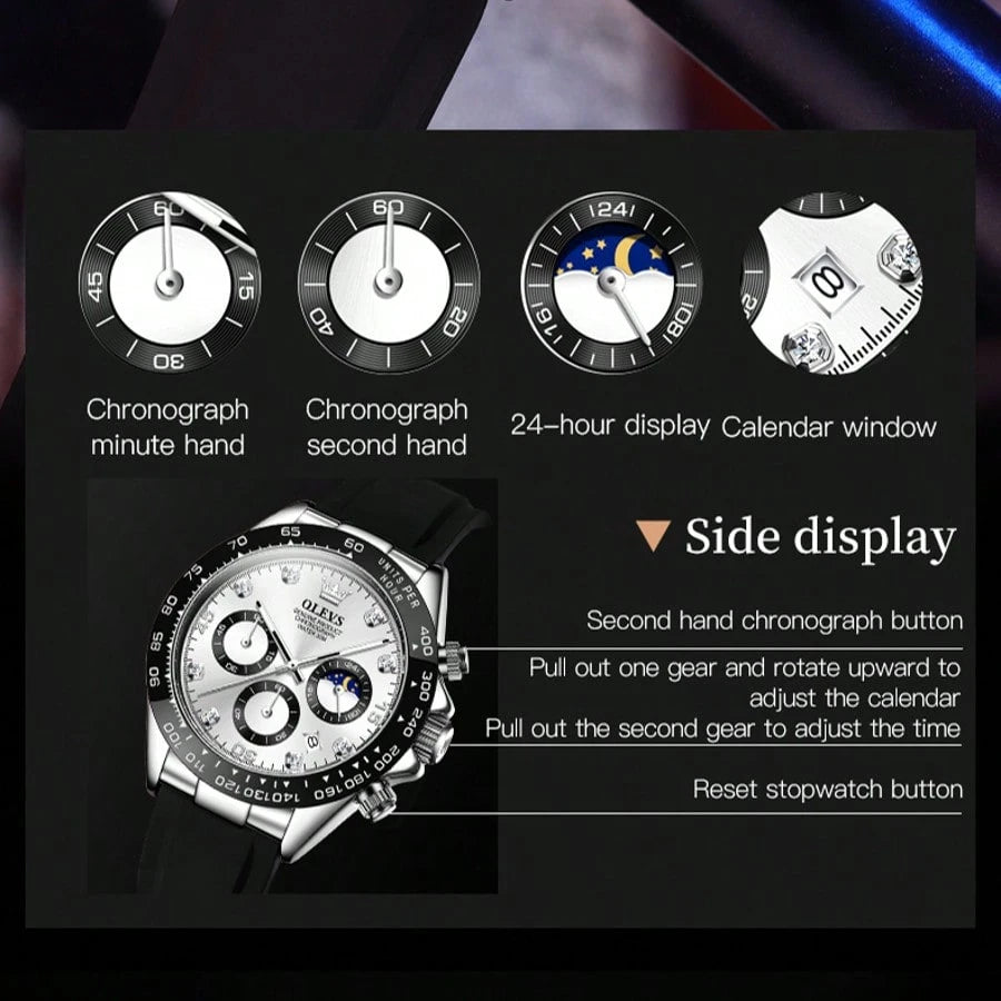 OLEVS. OLEVS 2875 Original Luxury Brand Quartz Watch For Men Silicone Strap Chronograph Auto Date Waterproof Moon Phase Man Sport Watch