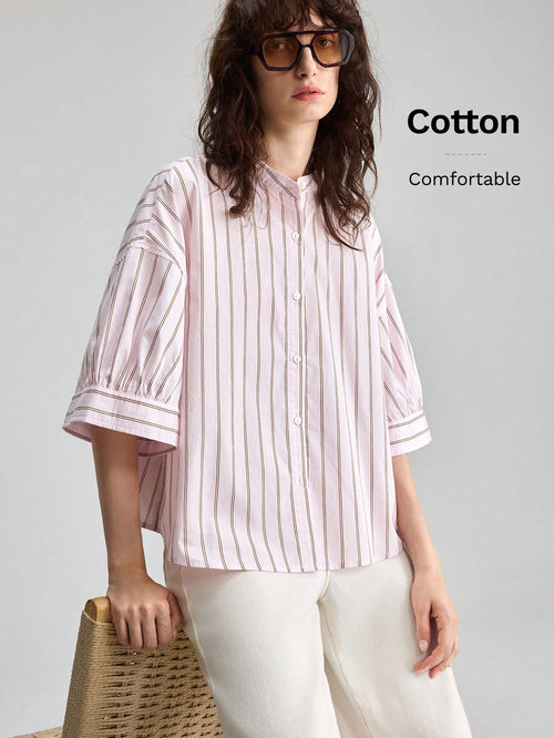 Ontre Summer Casual Pink Stripe Blouse, Vacation Round Neck Single-Breasted 3/4 Sleeve Top, Premium Comfortable Daily